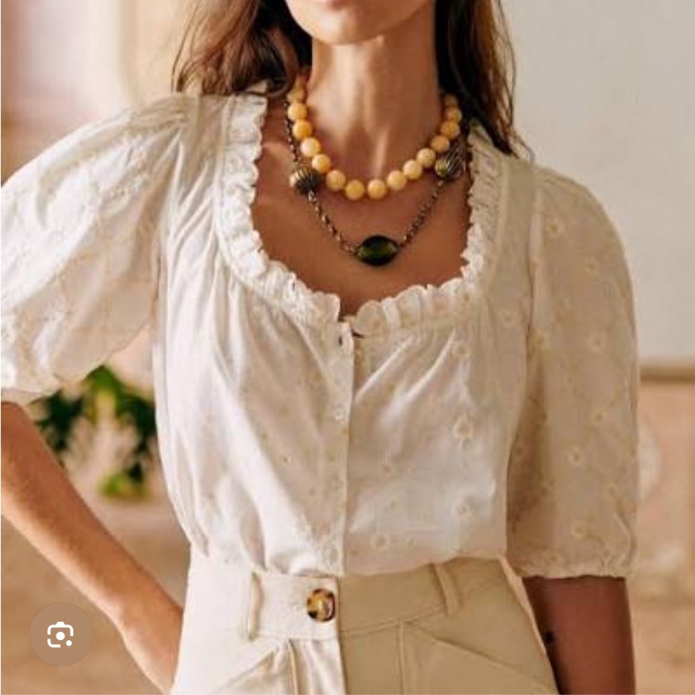 Sezane Cream Embroidered Puff-Sleeve Blouse